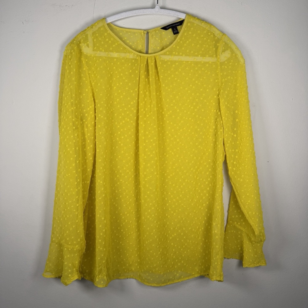 Banana Republic Blouse Small Swiss Dot Sheer Long Sleeve Ruffle Cuff Yellow